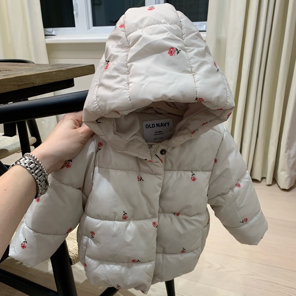 Water-resistant frost-free puffer jacket, Beige/Pink, Floral, Hood (12-18 mon) - Picture 3 of 6